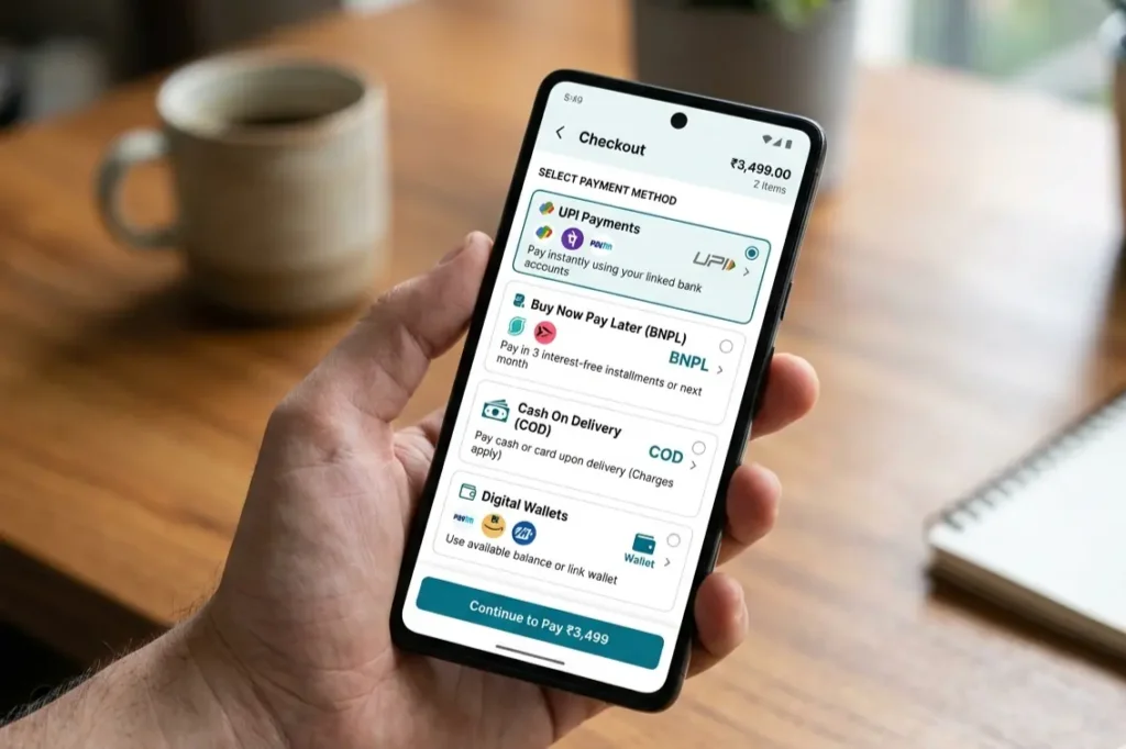 ecommerce payment ux india upi bnpl cod checkout screen mobile optimised
