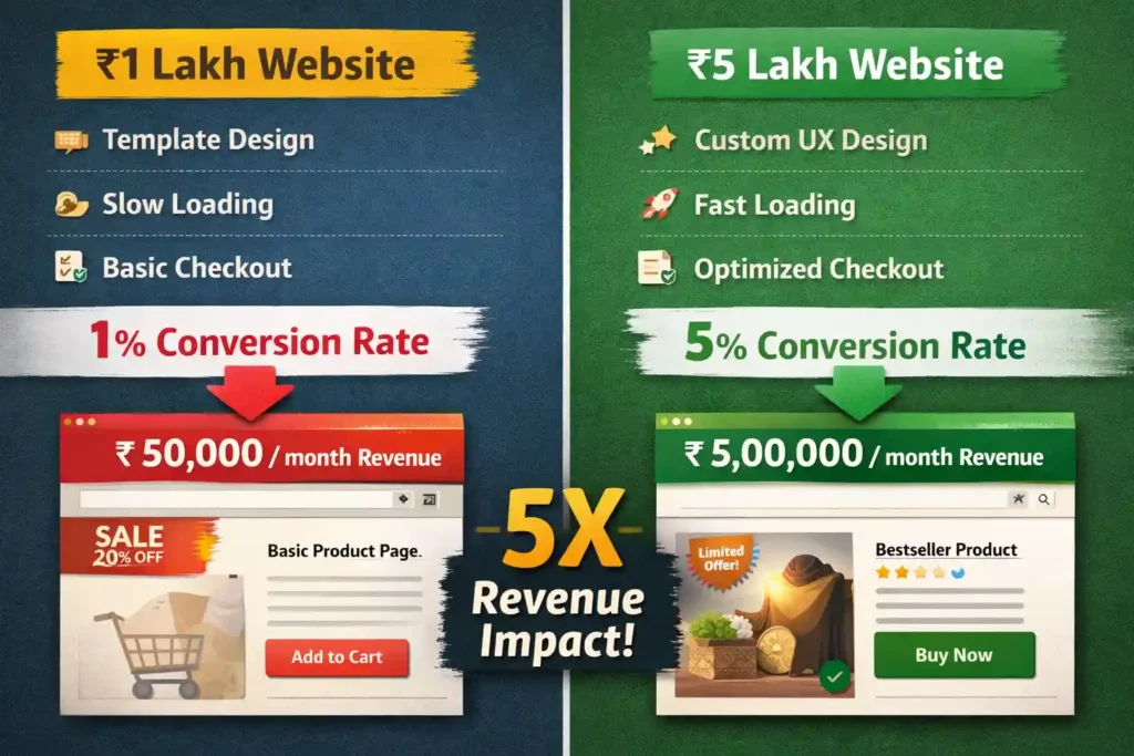 ecommerce website cost india 1 lakh vs 5 lakh conversion rate revenue impact comparison