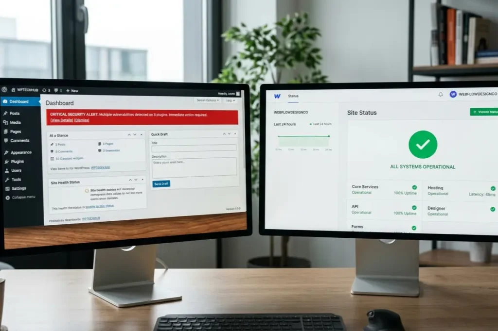 WordPress security vulnerabilities versus Webflow managed security platform comparison for Indian business websites 2026