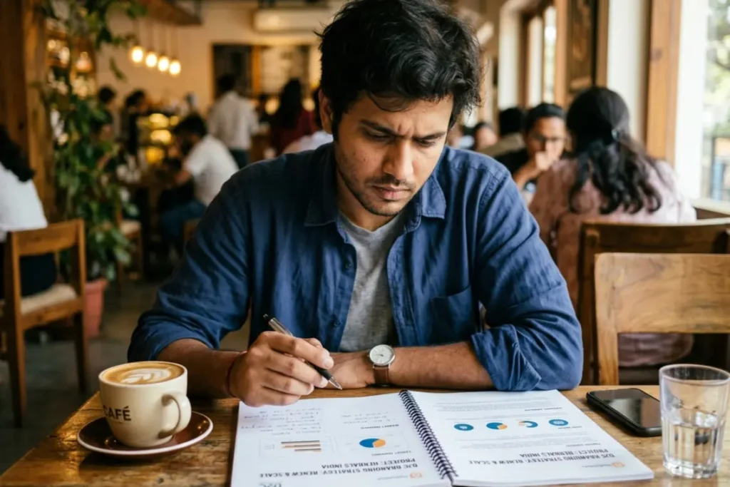 Indian startup founder reviewing branding agency Bangalore proposal with transparent pricing at cafe