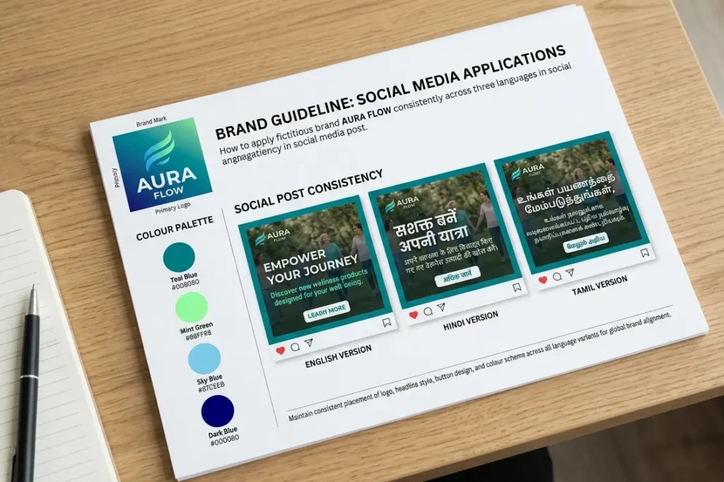 Brand style guide showing visual identity applied consistently across English Hindi and Tamil social media posts