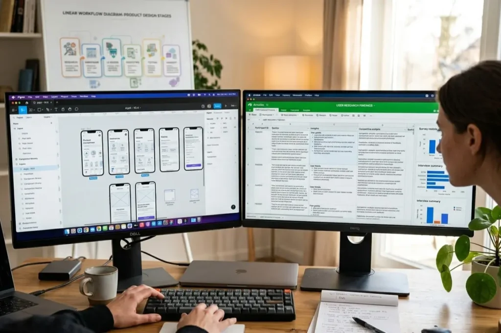 UI UX design tools workspace showing Figma and research tools used by professional designers in 2026.