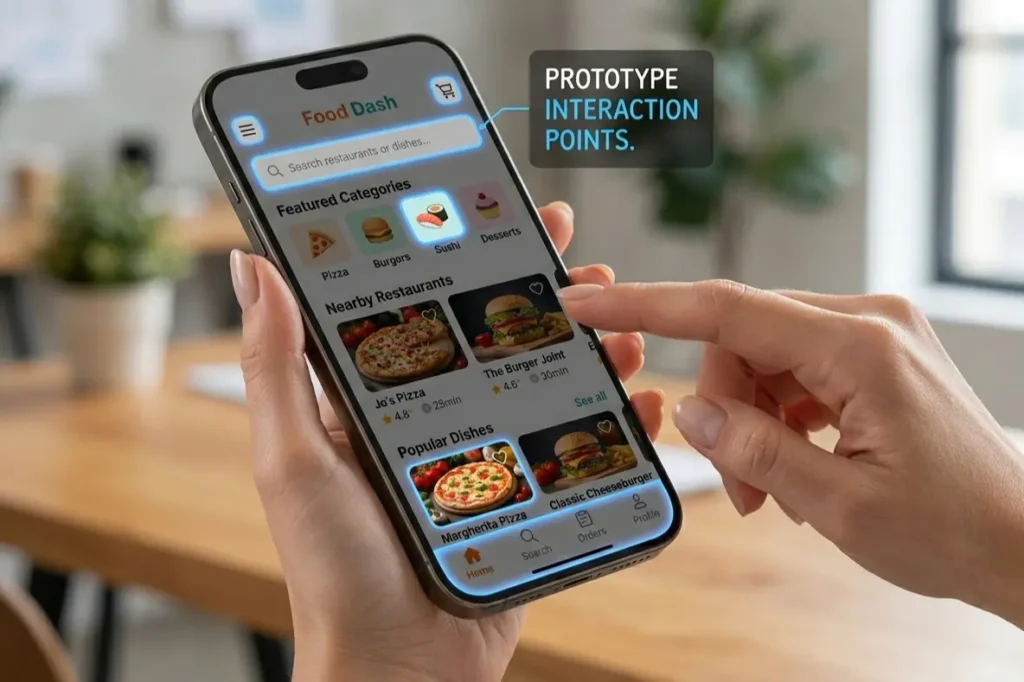 Clickable mobile app prototype demonstrating interactions in the UI UX design process