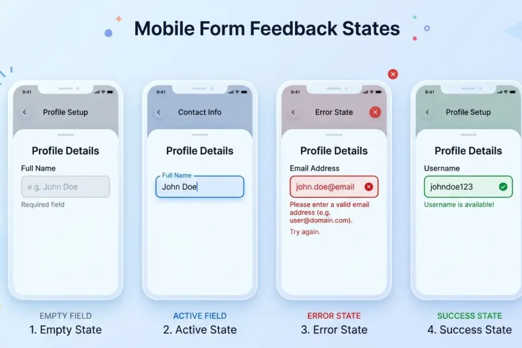 UI UX feedback and affordance design principle showing form states including error and success feedback