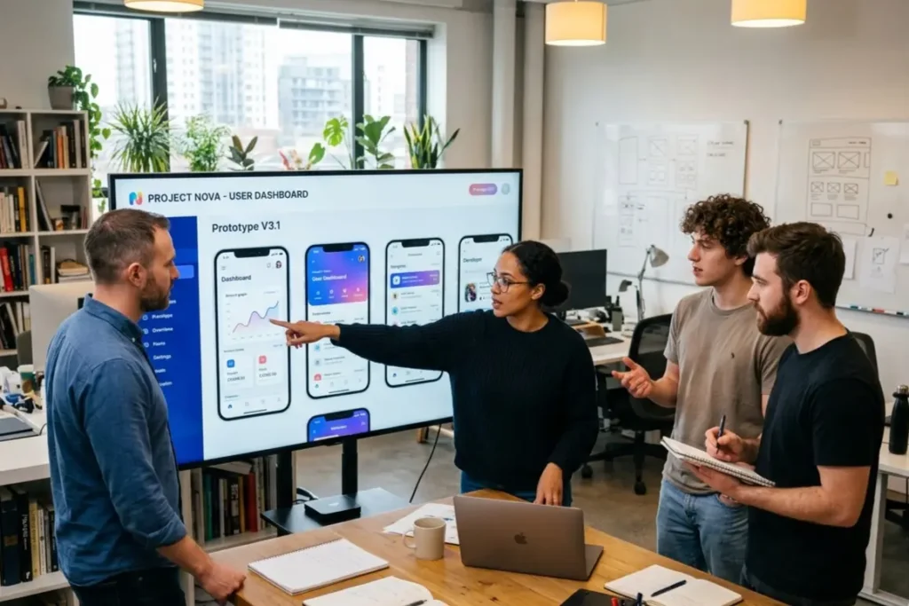 UI UX design team at an agency reviewing a prototype and user flow during a project sprint