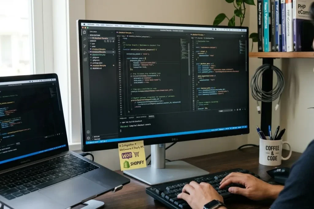 Custom ecommerce website development India showing developer building checkout flow beyond Shopify and WooCommerce standard features
