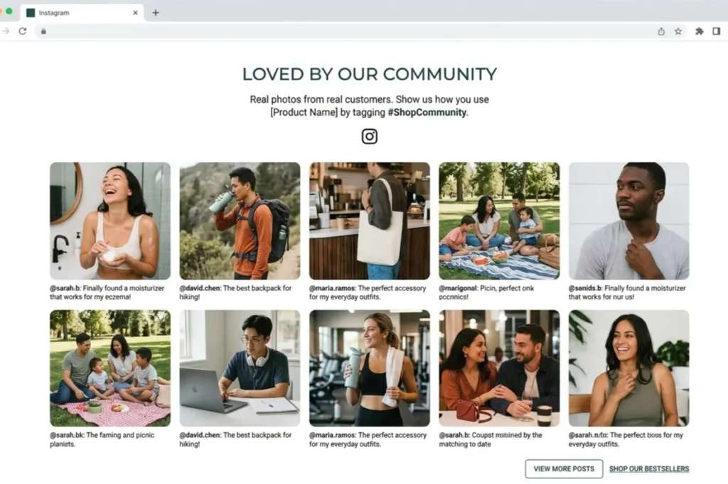 D2C brand website India showing UGC Instagram feed integration on homepage below hero section