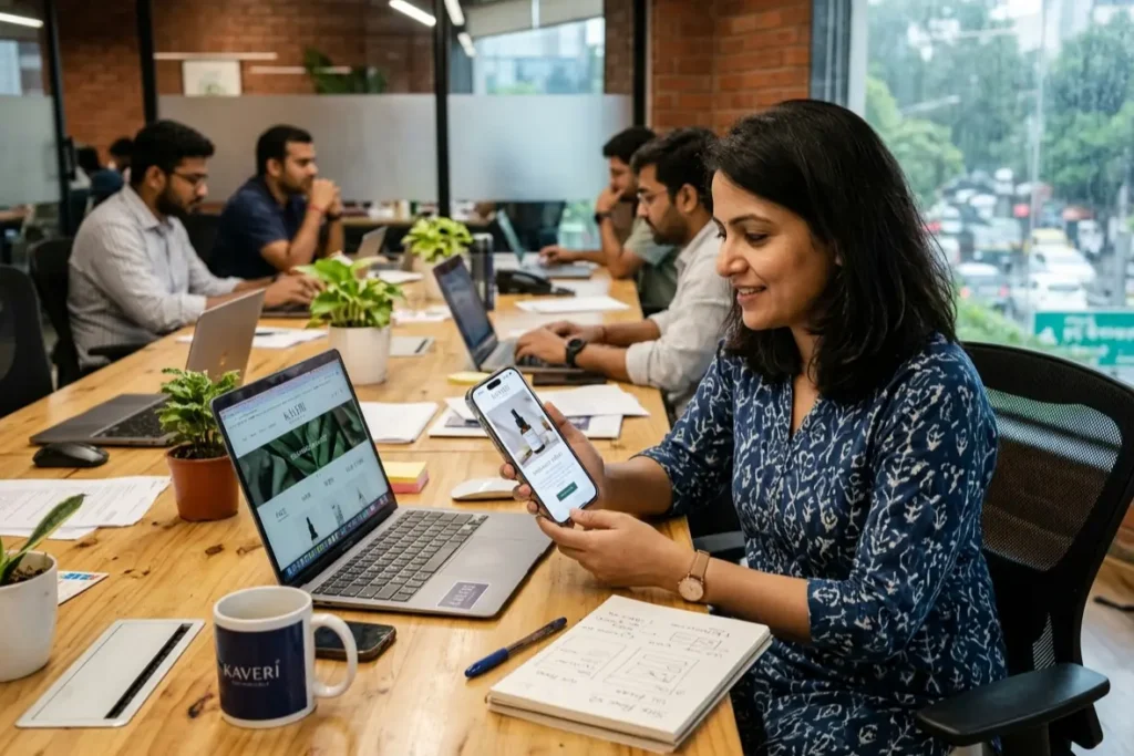 Indian D2C business owner reviewing the best CMS for business website India, Webflow vs WordPress platform decision 2026