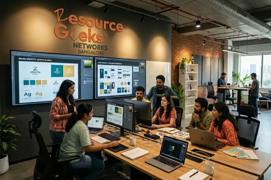 Resource Geeks Networks branding agency Bangalore studio showing team working on brand identity design projects
