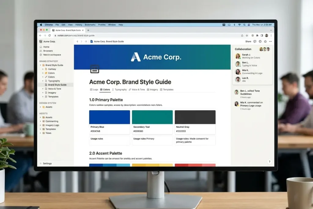 Brand style guide hosted on Notion with section navigation showing logo colour typography and voice tabs with team collaboration