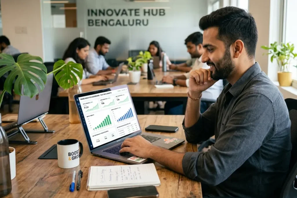 Startup founder reviewing brand performance data, brand building strategies India 2026