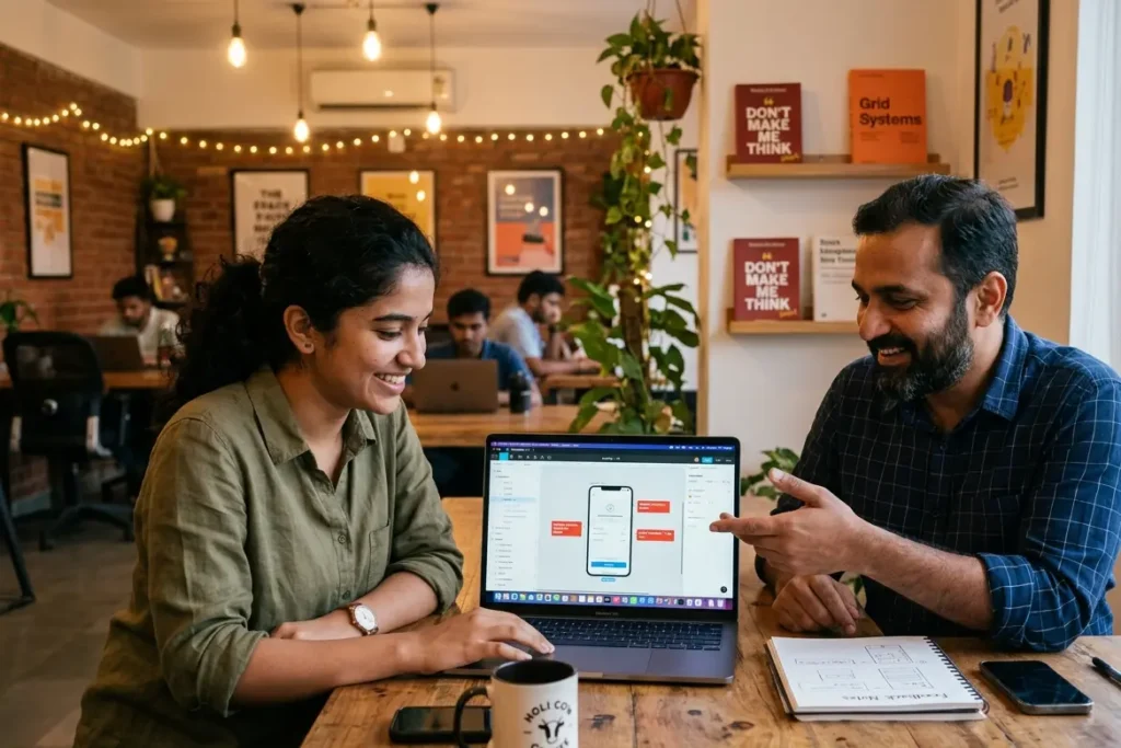 Resource Geeks Networks designer reviewing UI UX design tools and prototype with a client in Bangalore