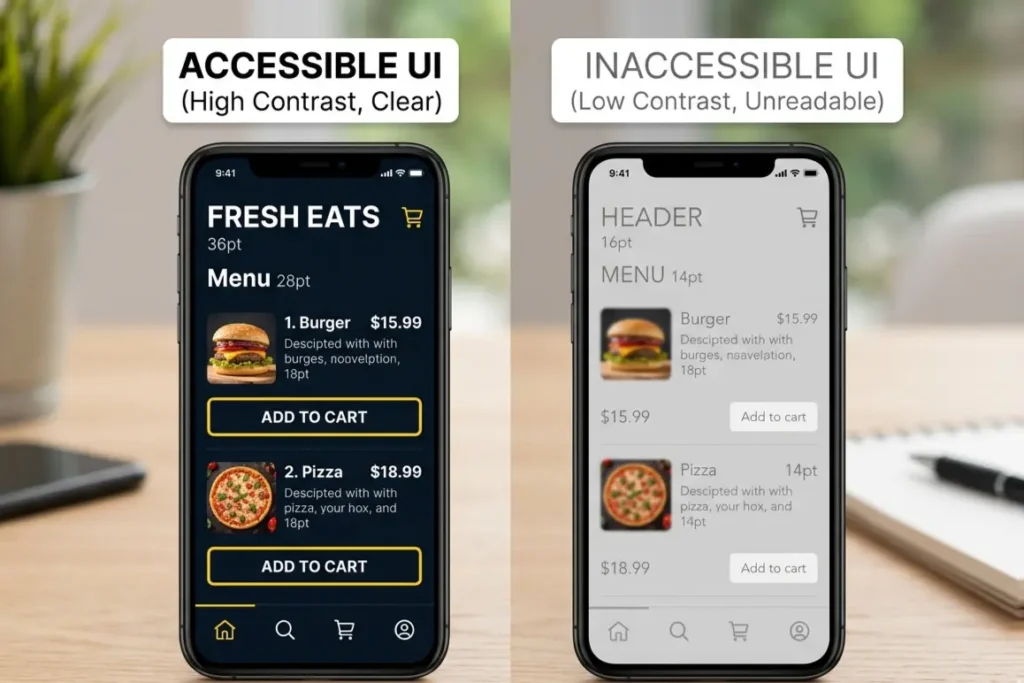 Accessibility as a UI UX design principle showing accessible versus non-accessible mobile interface