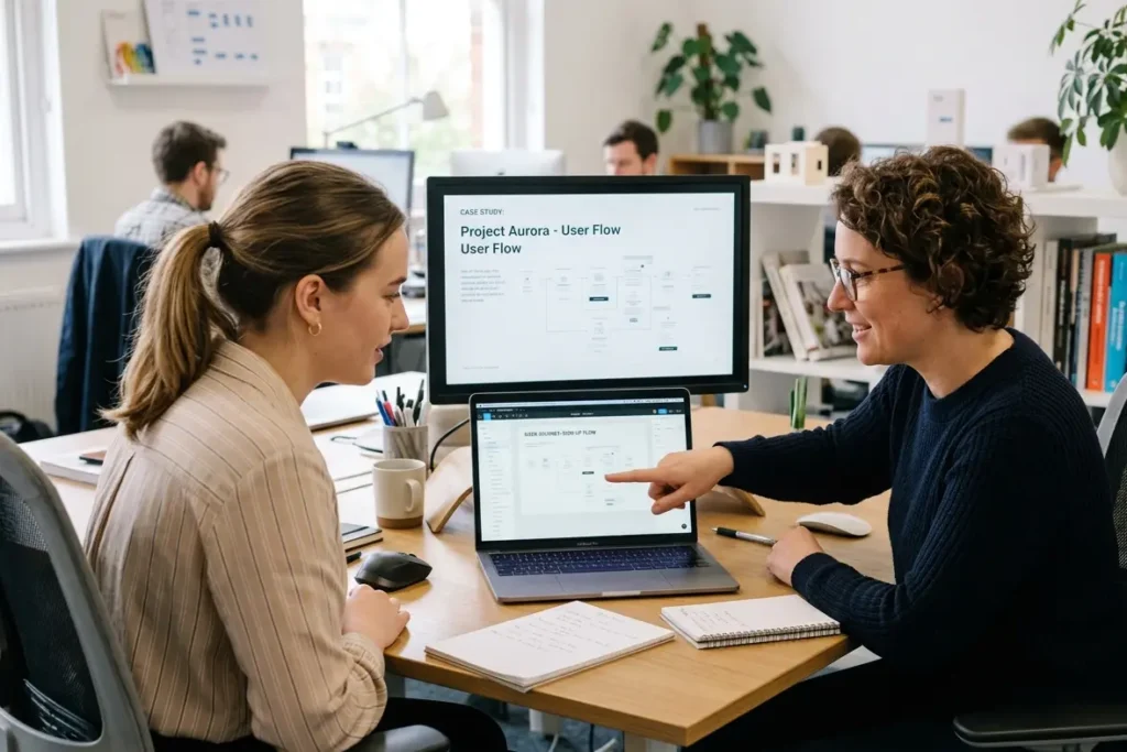 Junior UI UX designer receiving specific portfolio feedback from a senior designer at a design agency