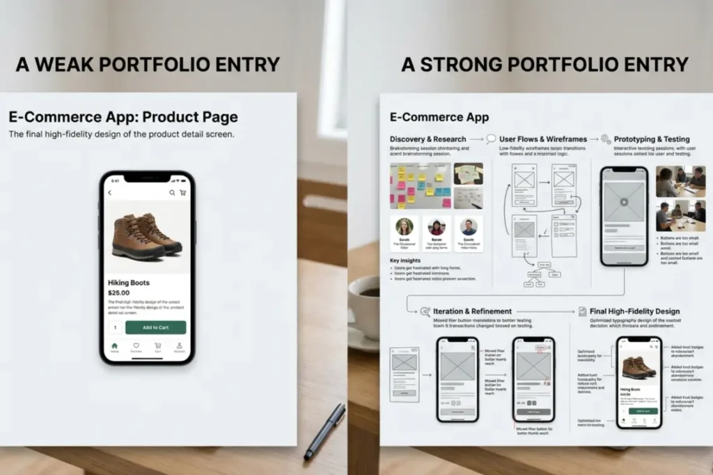 UI UX portfolio case study comparison showing weak final-screen-only entry versus strong process-documented entry