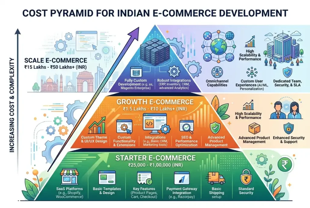ecommerce website development cost india pricing tiers starter growth scale inr rupee breakdown