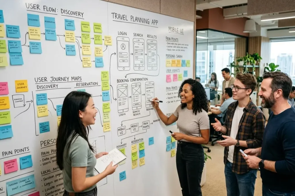 Professional UI UX design team collaborating on user journey mapping and wireframing for a client project in India.