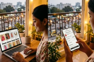 Ecommerce website development showing online store on desktop and mobile devices
