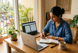 Indian D2C founder comparing Shopify vs WooCommerce on laptop with rupee pricing visible — platform decision 2026