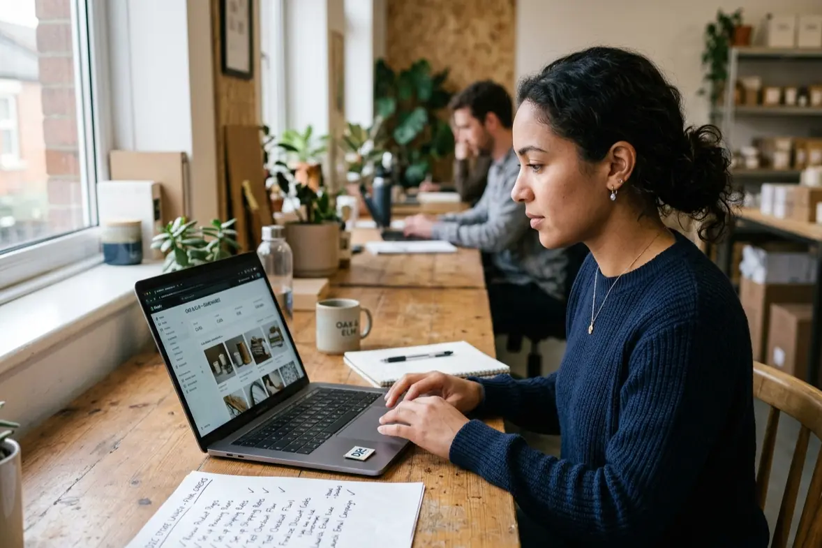 D2C founder reviewing ecommerce website features checklist on laptop before store launch India 2026