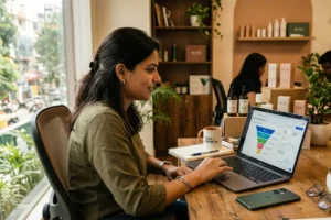 Indian D2C founder analysing ecommerce conversion rate on laptop with UPI payment screen visible