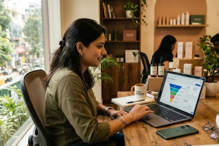 Indian D2C founder analysing ecommerce conversion rate on laptop with UPI payment screen visible