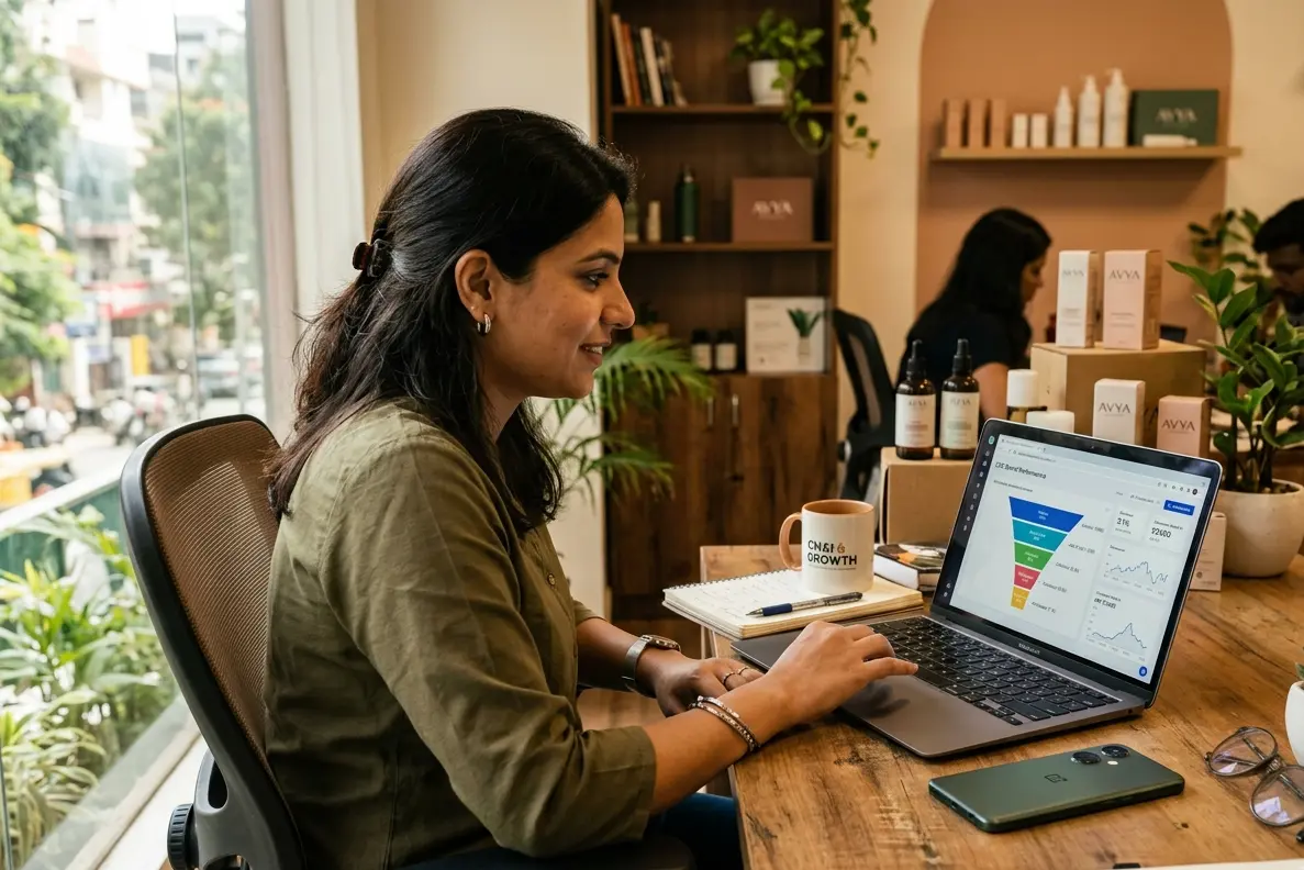 Indian D2C founder analysing ecommerce conversion rate on laptop with UPI payment screen visible