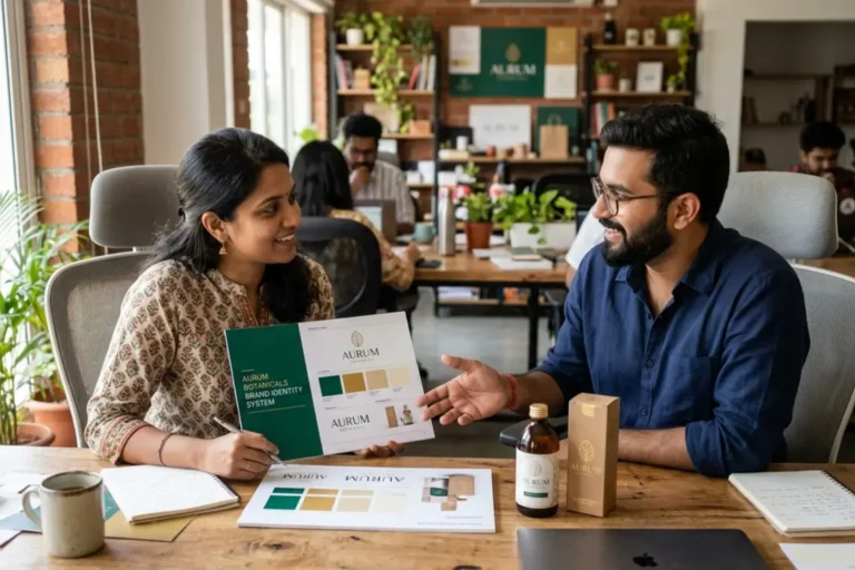 Founder reviewing brand identity system with branding agency in Bangalore at studio desk with logo and colour samples