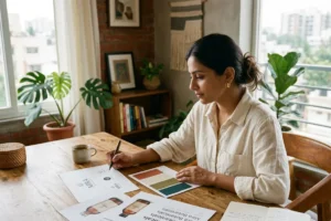 Founder reviewing brand identity design elements including logo, colour palette and typography at studio desk for Indian D2C startup