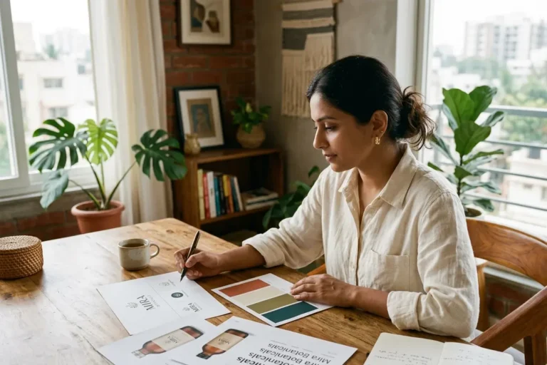 Founder reviewing brand identity design elements including logo, colour palette and typography at studio desk for Indian D2C startup