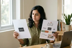 Indian startup founder comparing logo design cost India options holding two brand boards at desk showing basic logo versus full brand identity system 2026
