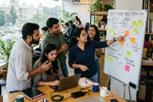 Designers and founders collaborating at a UI UX branding workshop in Koramangala Bangalore 2026