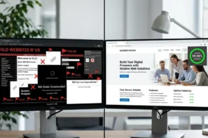 Website maintenance services comparison showing a broken site versus a well-maintained, secure website