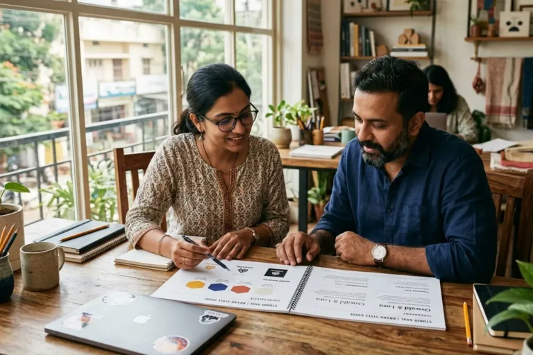 Designer and founder reviewing a printed brand style guide at a studio desk showing logo colour and typography sections