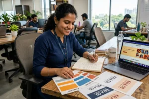 Indian startup founder reviewing brand materials at desk, startup branding tips 2026