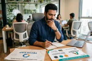 Indian business founder comparing old and new brand identity while planning rebranding strategy