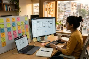 UI UX design process in action designer working on wireframes and user flows in a professional studio