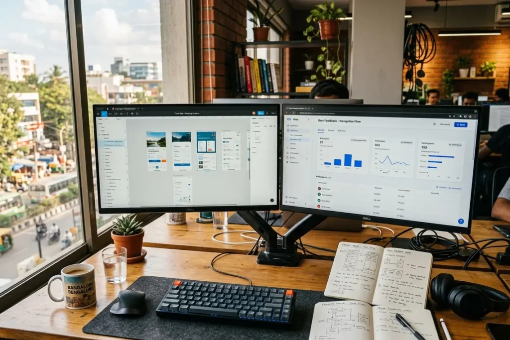 UI UX design tools open on dual screens at a professional design studio in Bangalore 2026