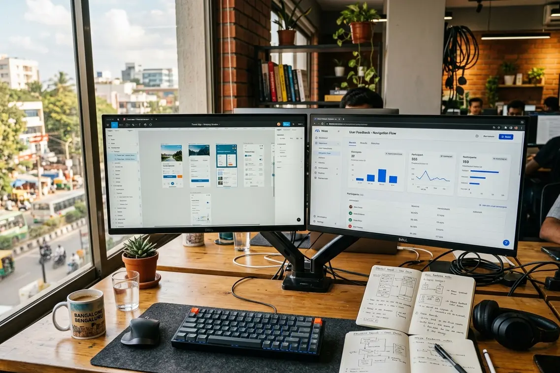 UI UX design tools open on dual screens at a professional design studio in Bangalore 2026