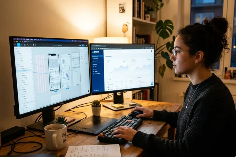 UI UX designer working on wireframes and a live product screen as part of building a career in design