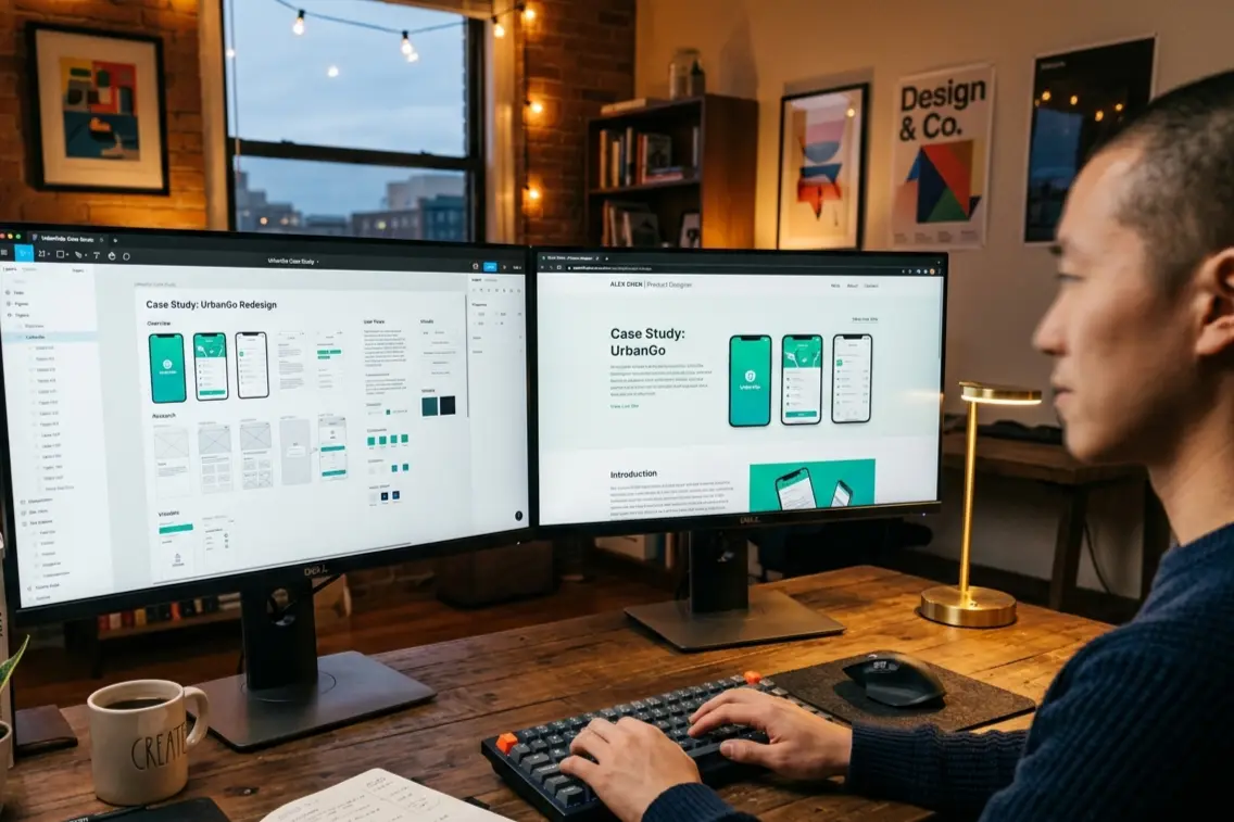 Designer building a UI UX design portfolio with Figma case study and portfolio website open side by side in 2026